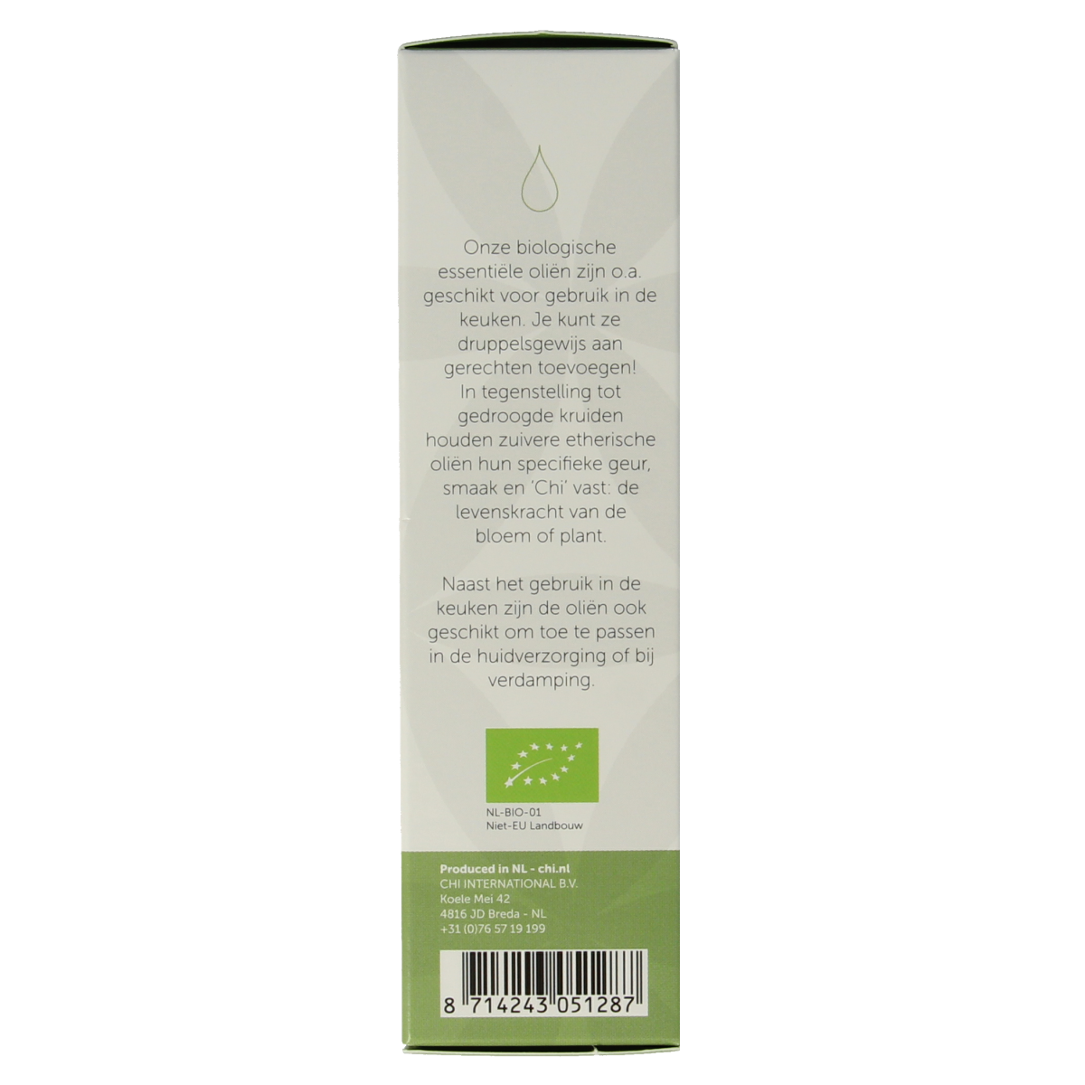 Chi Kruidnagel organic essential oil in a 10ml bottle, featuring a dark amber container with a screw cap and label.