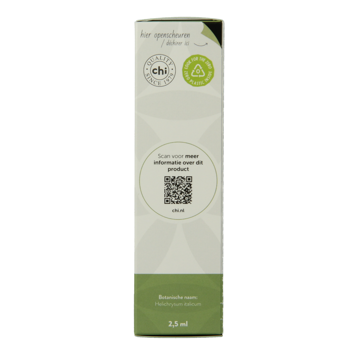 Chi Helicryse eco bio oil bottle, 2.50 ml, in a clear container with a yellow cap, showing the product label.