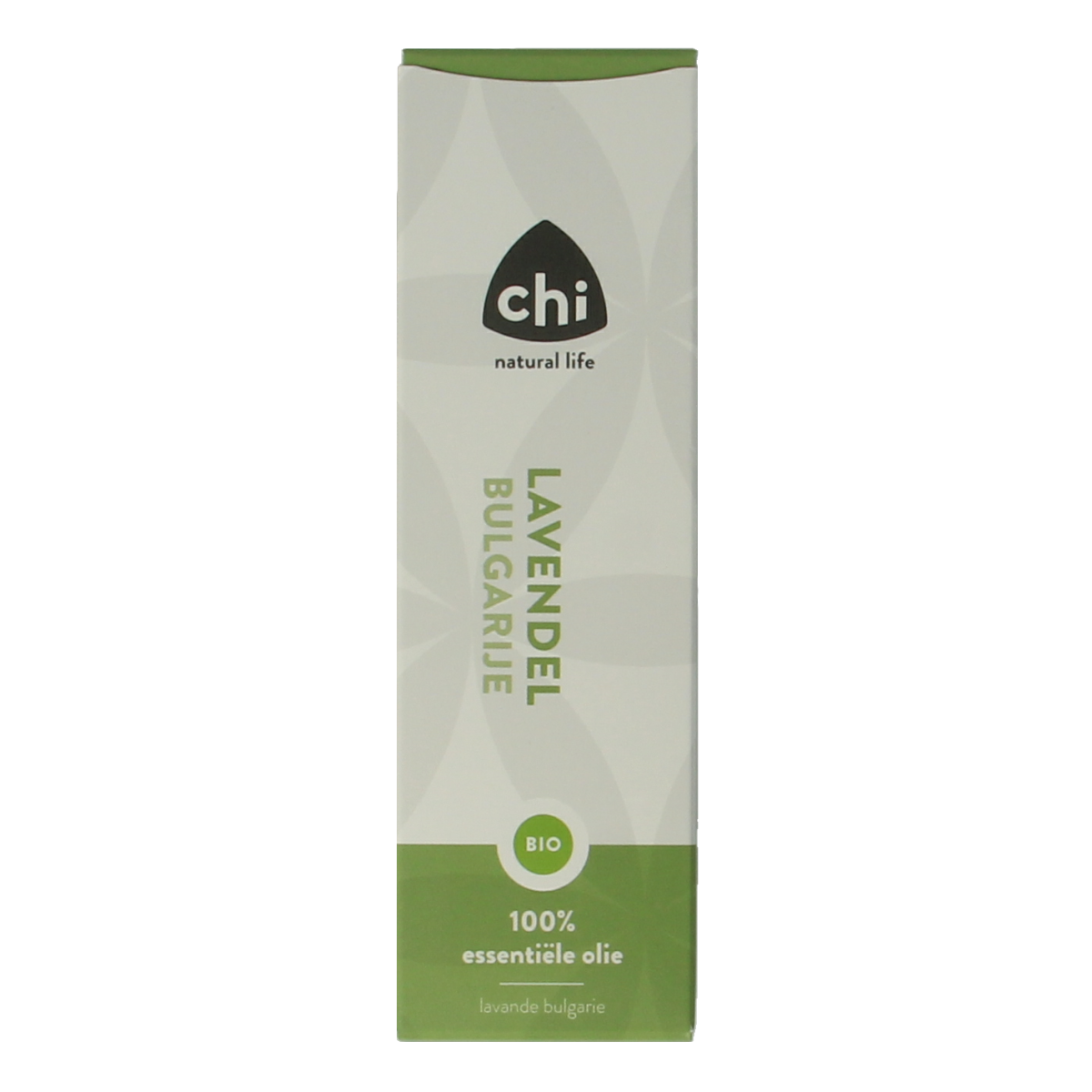 Chi bio lavender essential oil in a 20ml bottle, showcasing the clear liquid and packaging with lavender imagery.