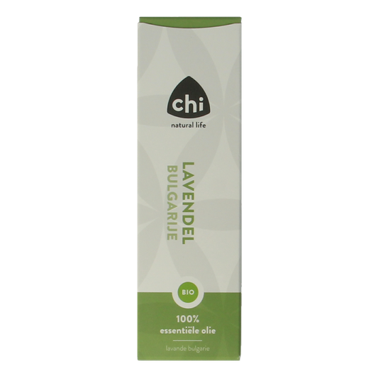 Chi bio lavender essential oil in a 20ml bottle, showcasing the clear liquid and packaging with lavender imagery.