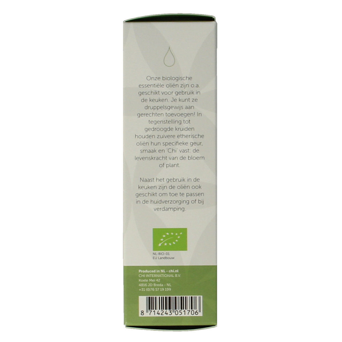 Chi Lavendelolie Bulgarije bio 20ml, organic lavender essential oil in a clear glass bottle with a white cap.