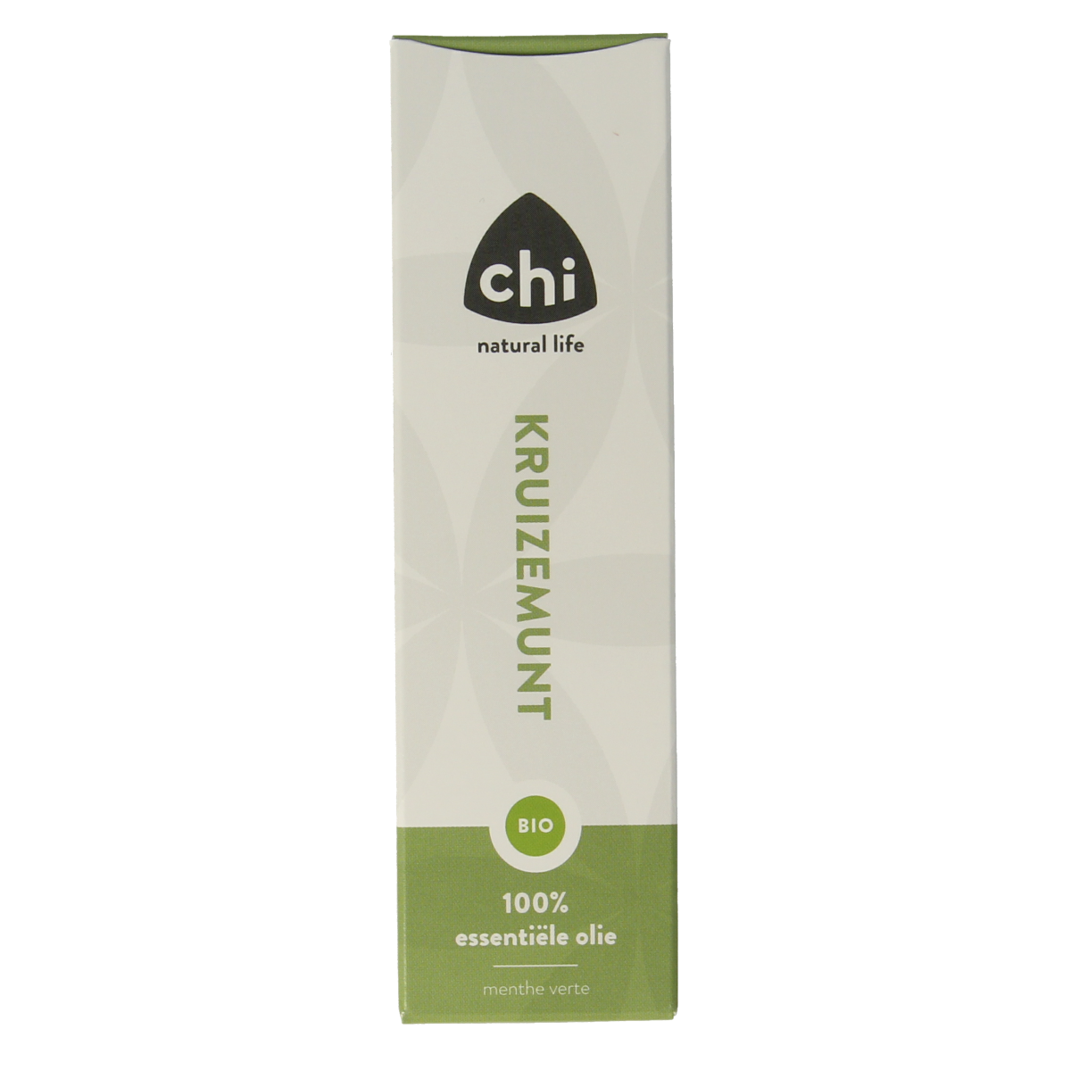 Chi Kruizemunt organic essential oil in a 10ml bottle, featuring a clear container with a green label and aroma of fresh mint leaves.