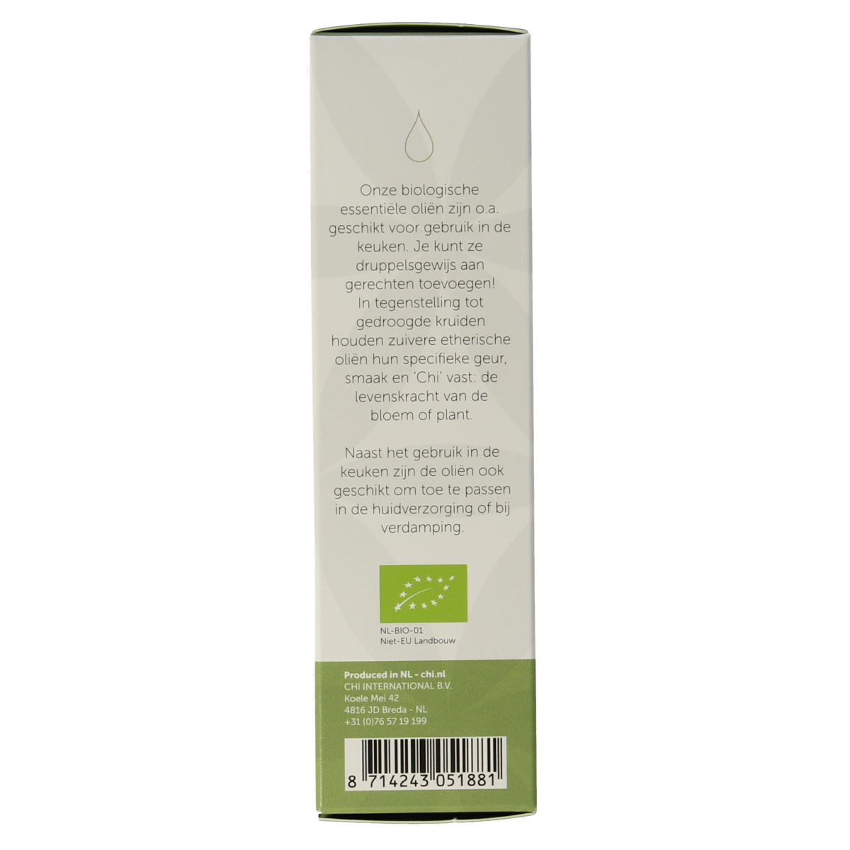 Chi Kruizemunt organic essential oil in a 10ml bottle, highlighting the vibrant green liquid and label on the bottle.
