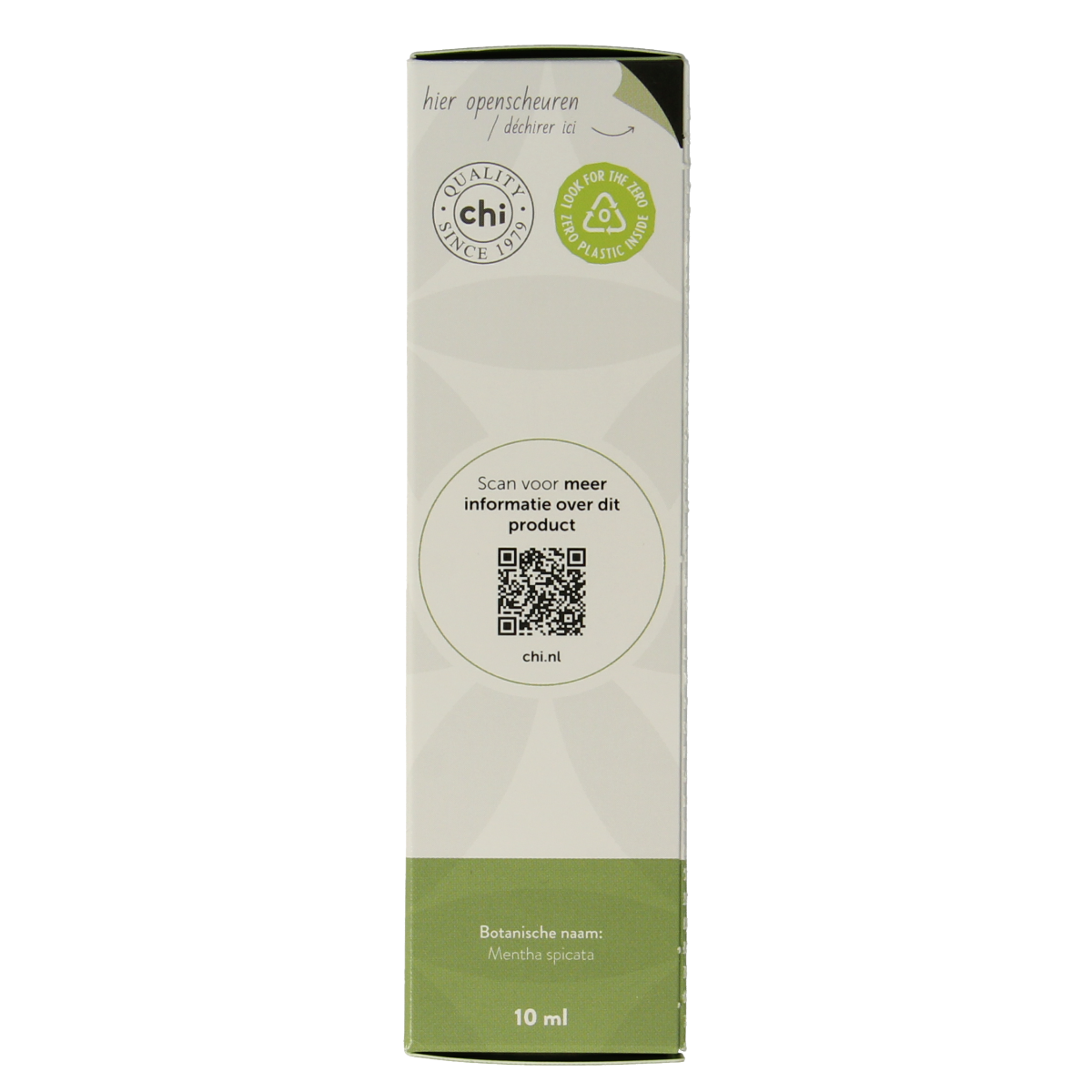 Chi Kruizemunt bio essential oil in a 10ml bottle, featuring fresh green mint leaves and the oil's clear liquid inside.