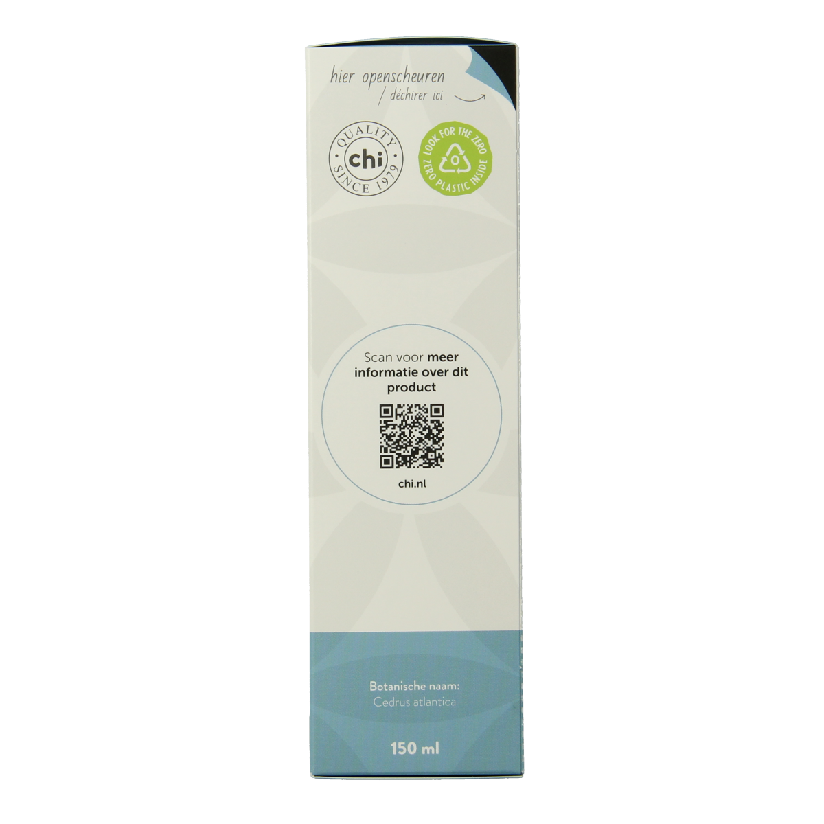 Chi Cedar Atlas hydrolat in 150ml bottle, natural body care product from Chi, with a clear spray nozzle and cedar scent.