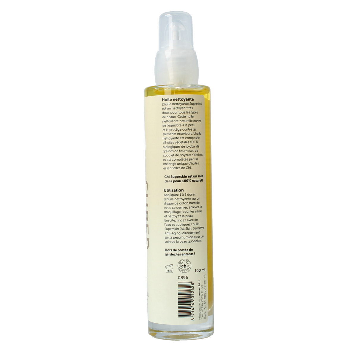 Chi Superskin cleansing oil in a 100ml bottle, natural body care product from the Chi brand, shown in a clear image.