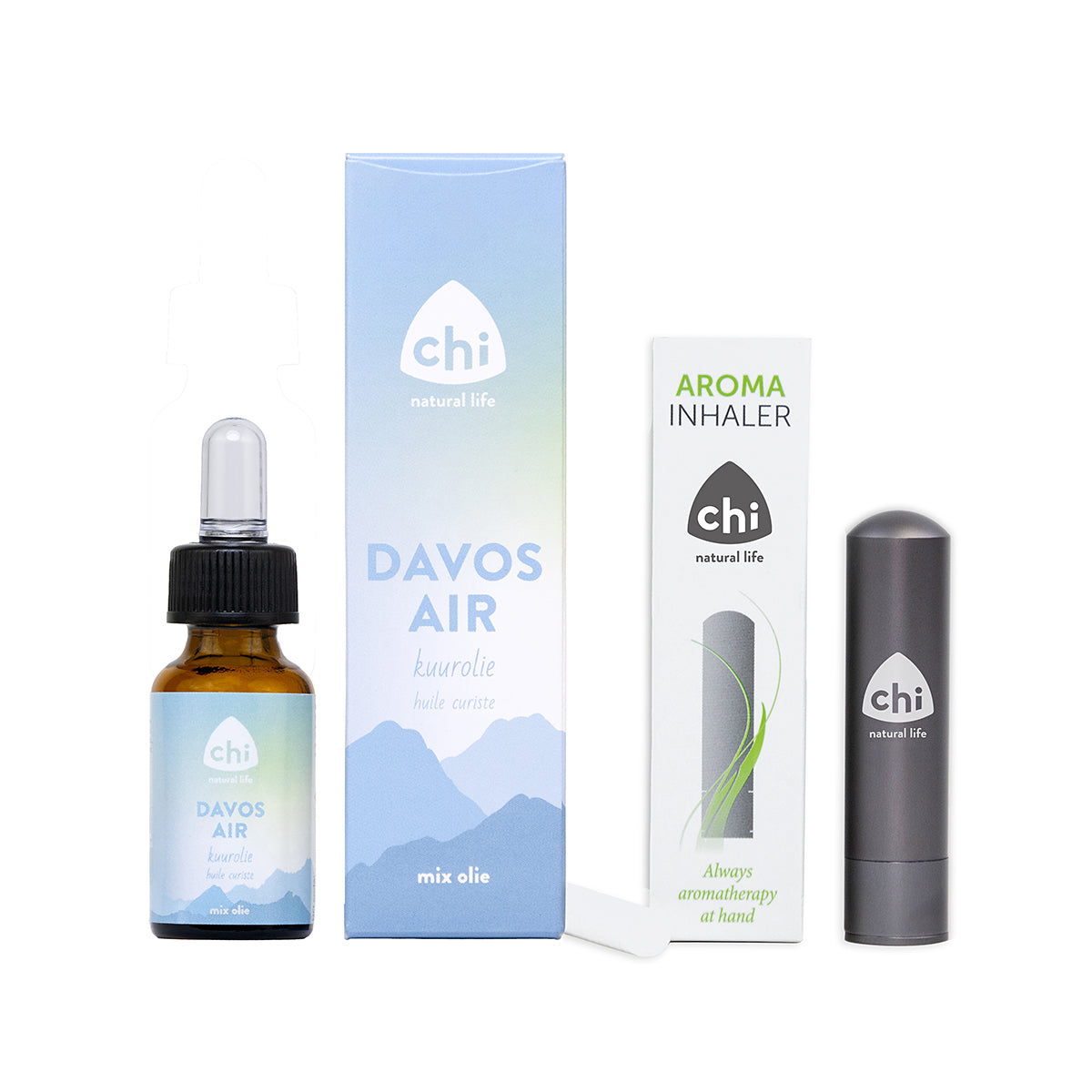 Chi Aroma inhaler and Davos kuurolie 10ml for nasal care and inhalation, featuring natural ingredients in a compact packaging.