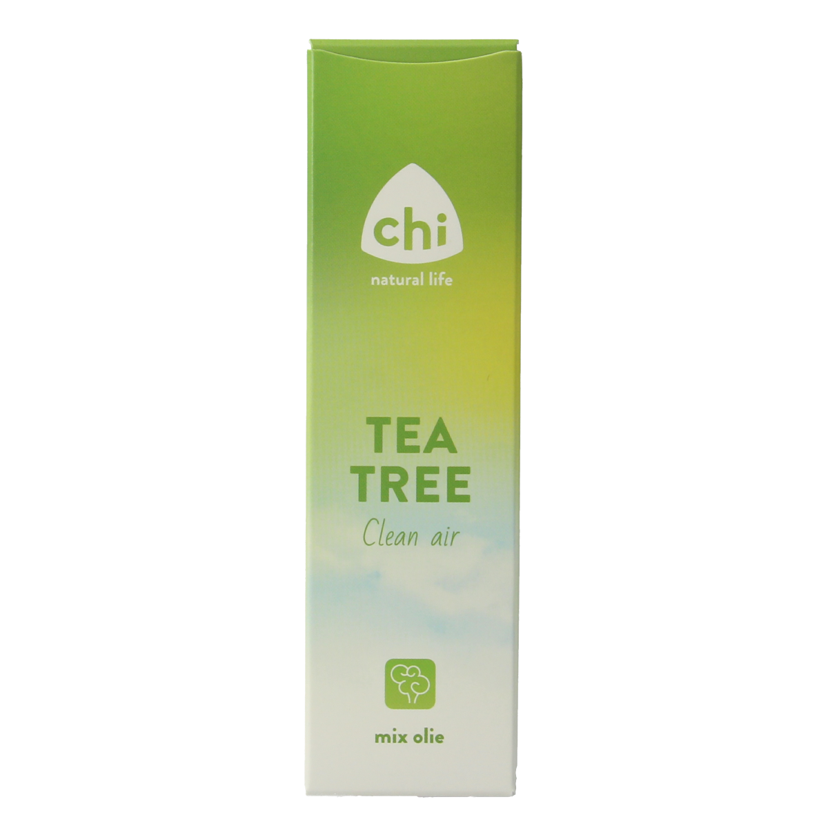 Chi Tea Tree Clean Air essential oil in 10ml bottle, natural aromatherapy oil from Chi brand, with green tea leaves in background.