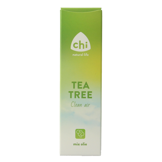 Chi Tea Tree Clean Air essential oil in 10ml bottle, natural aromatherapy oil from Chi brand, with green tea leaves in background.