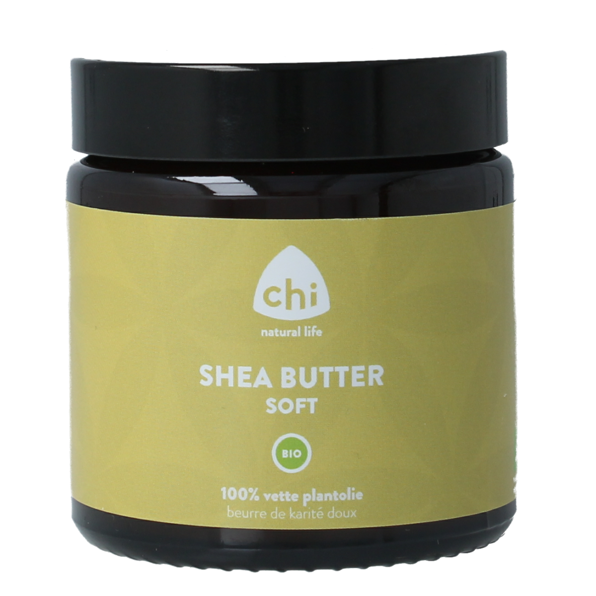Chi Sheabutter soft bio lotion bottle, 100ml, natural body care product with a white and green label and flip-top cap.