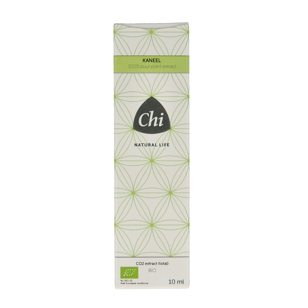 Chi Kaneel CO2 bio essential oil bottle, 10ml, with clear label and amber glass container for natural cinnamon aroma.