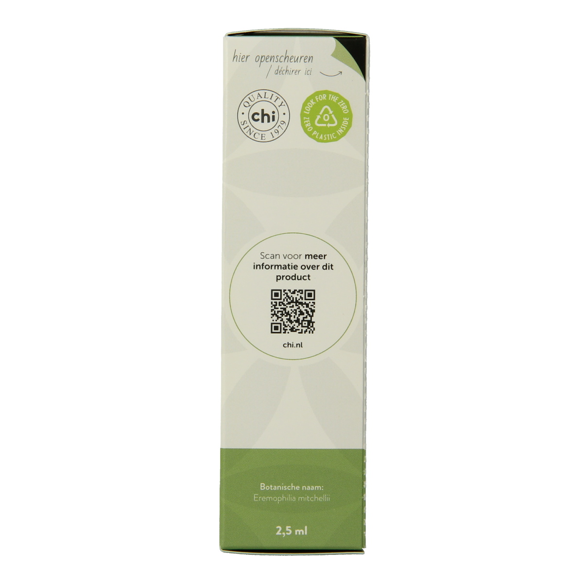 Chi Buddha wood essential oil bottle, 2.50ml, in clear glass with white cap, showcasing the product label and branding.