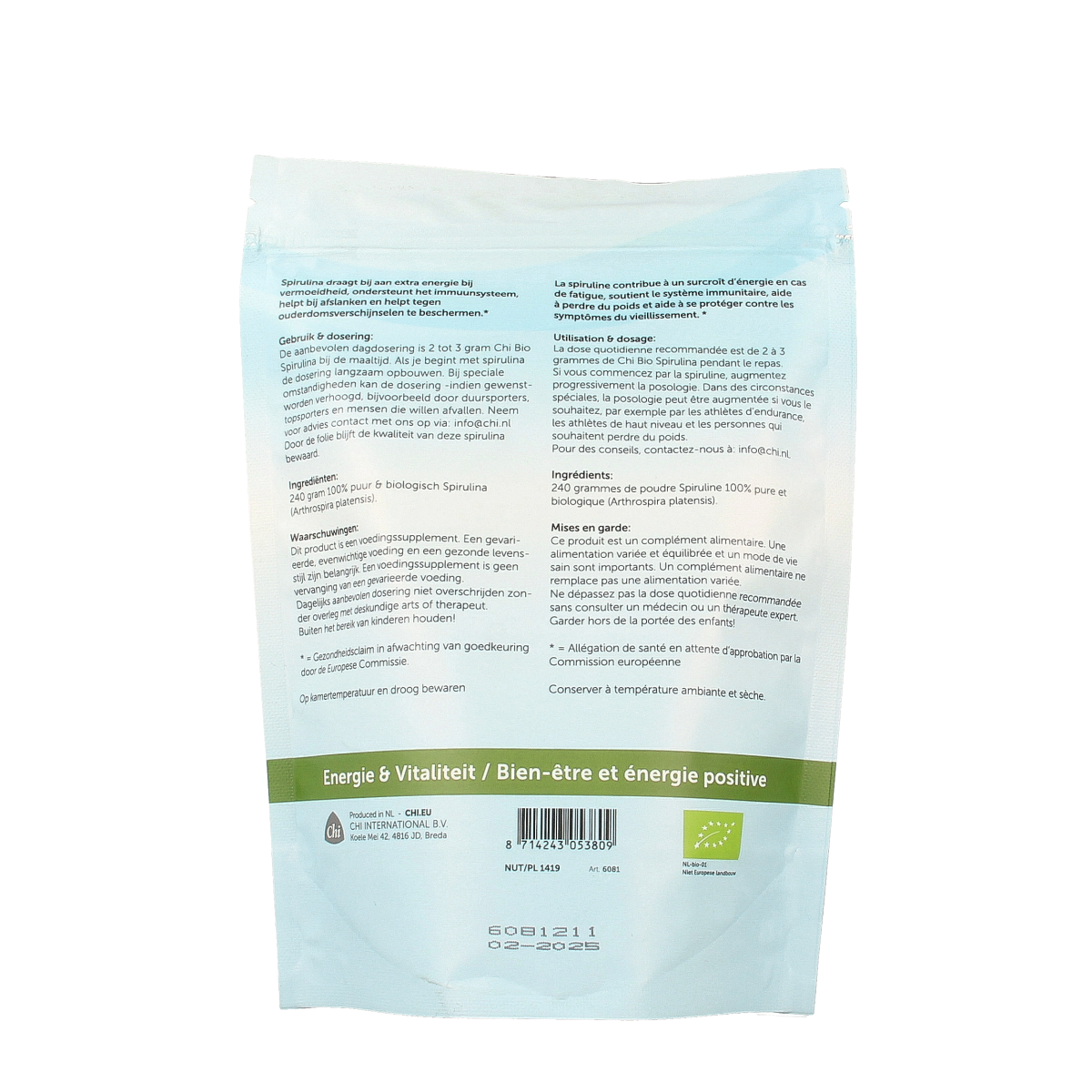 Chi Spirulina bio powder in 240g package, showing green powdered supplement from natural herbal preparations.