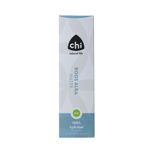 Chi Roos Alba organic hydrosol in a 150ml bottle, natural body care product with floral rose scent and soothing properties.