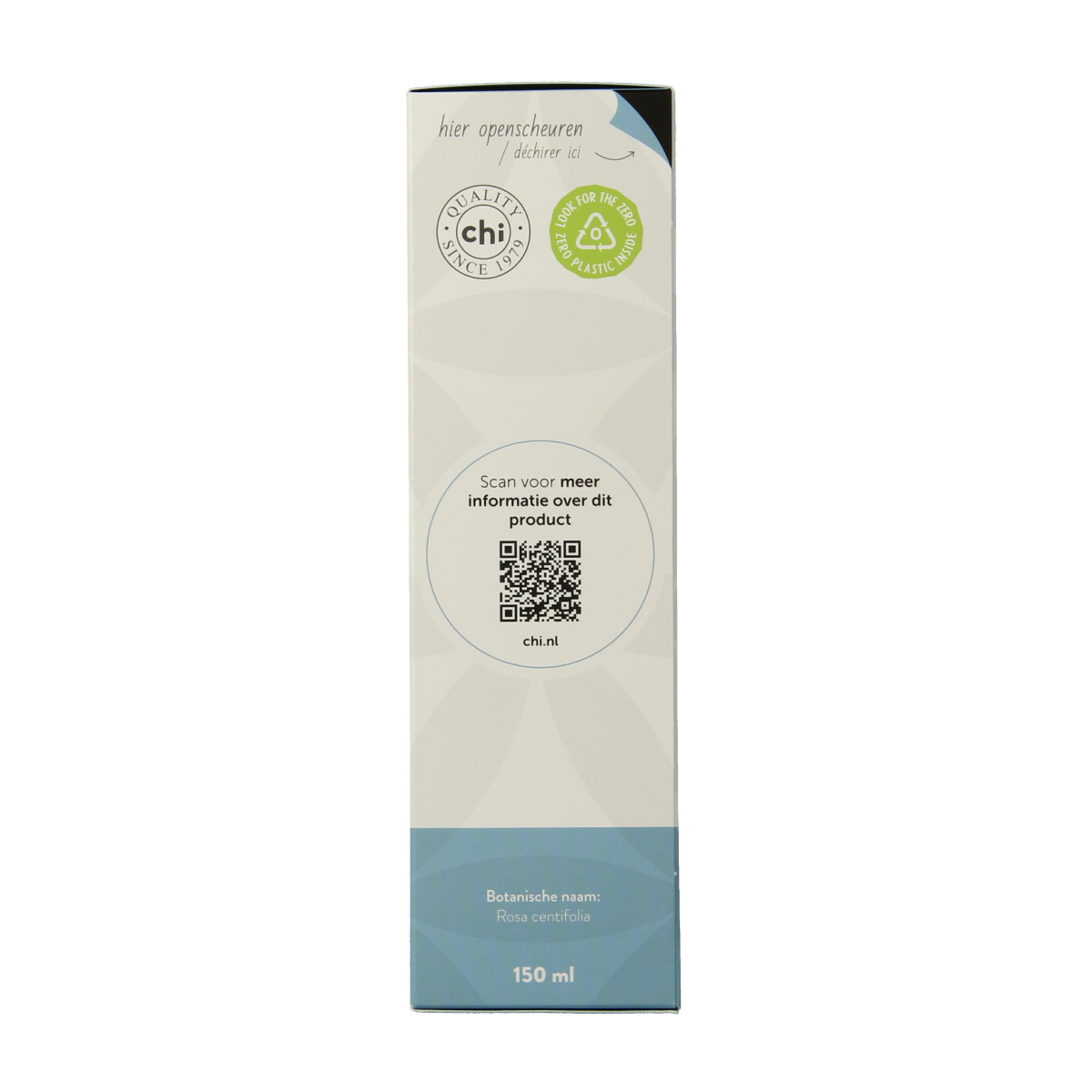 Chi Roos Centifolia Hydrolaat bio 150ml in a clear bottle, used for skincare and body care, with a floral rose scent.