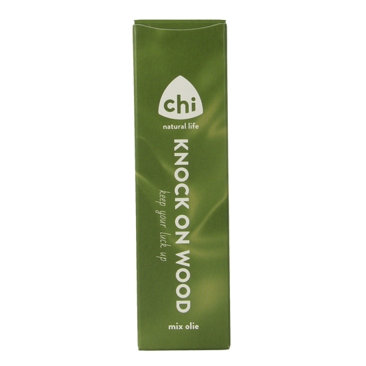 Chi Knock on Wood essential oil bottle, 10ml, natural etherische oliën with wood scent, in clear glass container.