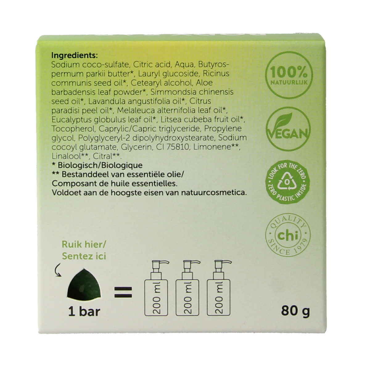 Chi Tea Tree Body Bar 80g, natural skincare soap with tea tree oil, featuring a white and green bar for body cleansing and refreshment.