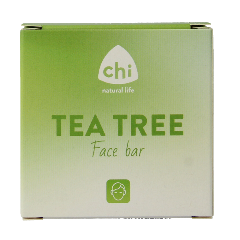 Chi Tea Tree Face Bar 60g, natural skincare soap with tea tree extract, shown in a clear image focusing on the bar's packaging and texture.