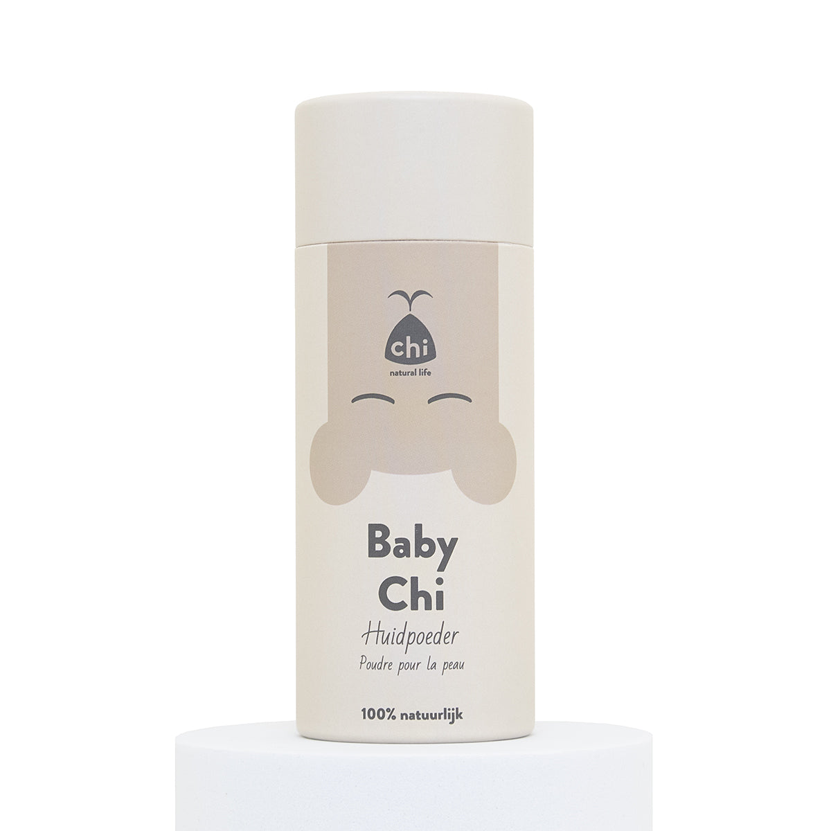 Chi Baby huidpoeder in 150 ml container, gentle body care powder with Chi brand, shown in a close-up image.