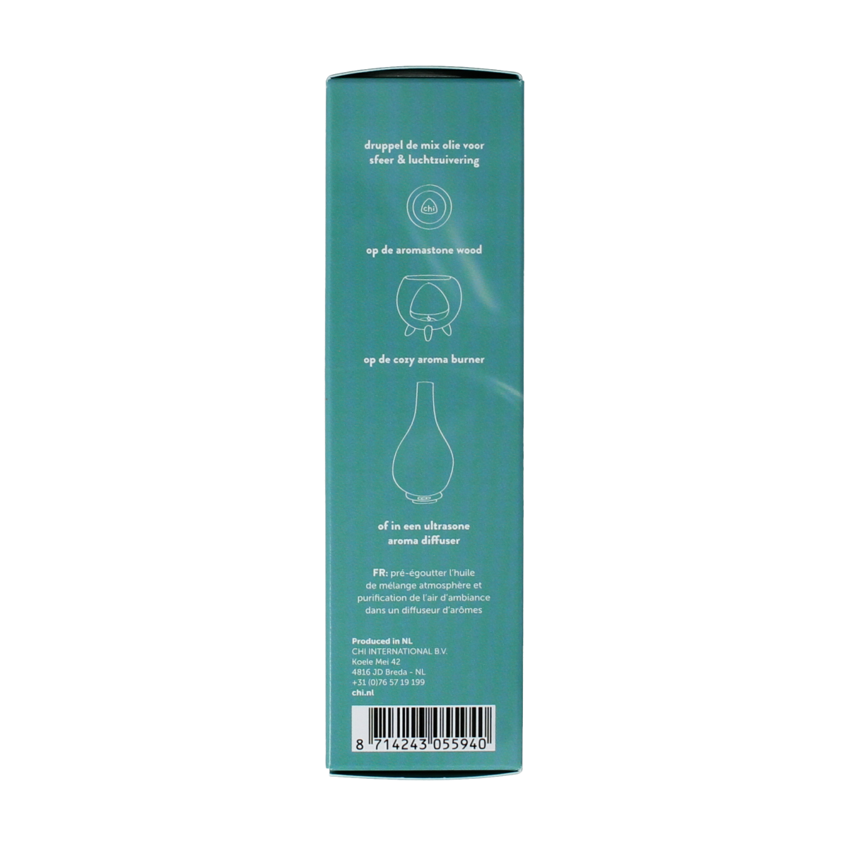 Chi Purify bio essential oil bottle, 10ml, featuring a clear glass container with a white label and dropper cap for natural aromatherapy.