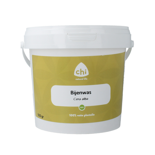 Natural bio beeswax from Chi, 500 grams, for body care, showing a block of golden beeswax in a natural setting.