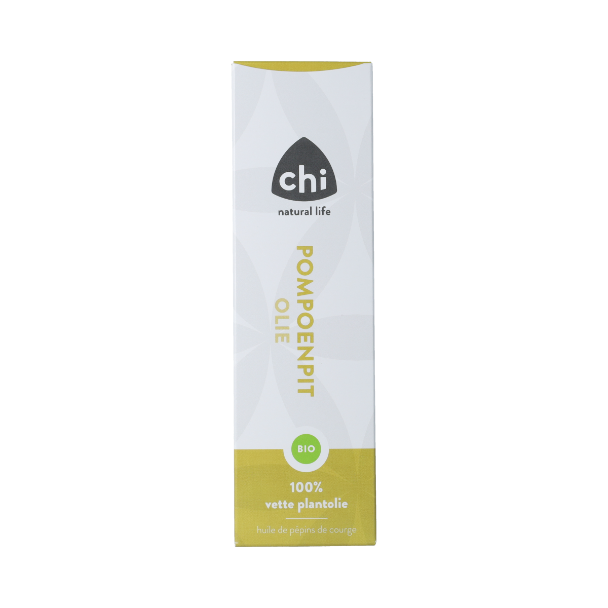 Organic Chi pumpkin seed oil in a 100ml bottle, highlighting its rich, green color and label details.
