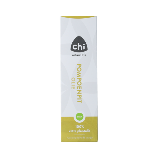 Organic Chi pumpkin seed oil in a 100ml bottle, highlighting its rich, green color and label details.