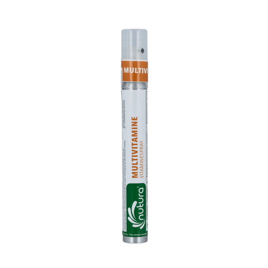 Nutura Vitaminesprays Multi Vitamin spray bottle with 14.4ml capacity, featuring colorful packaging and a spray nozzle.