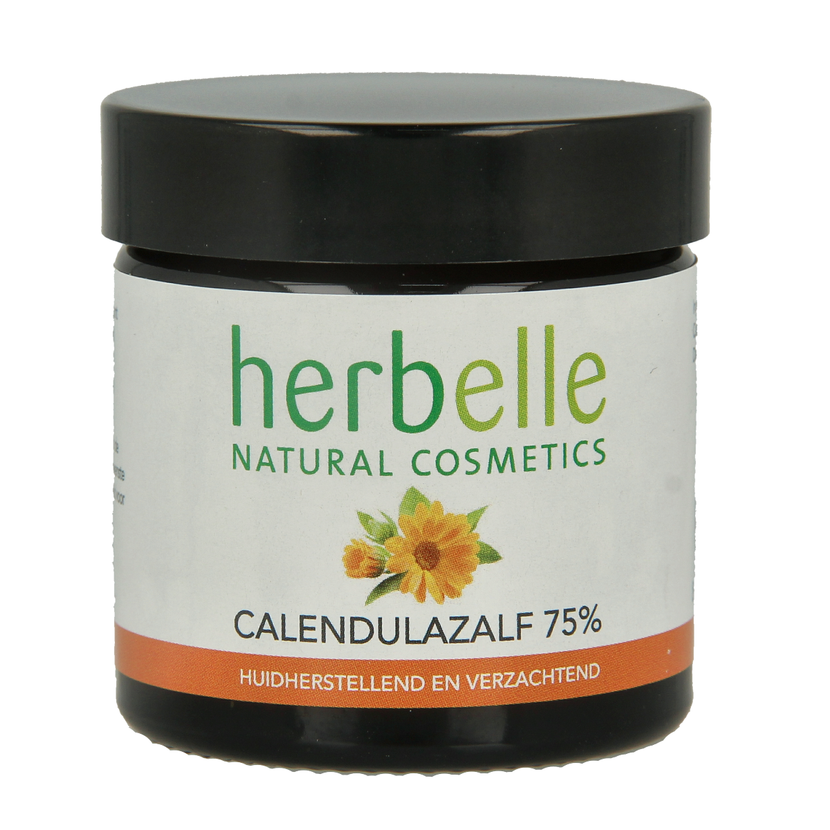 Herbelle Calendula Zalf 75% body care cream in 55ml tube, soothing herbal skincare product with calendula extract.