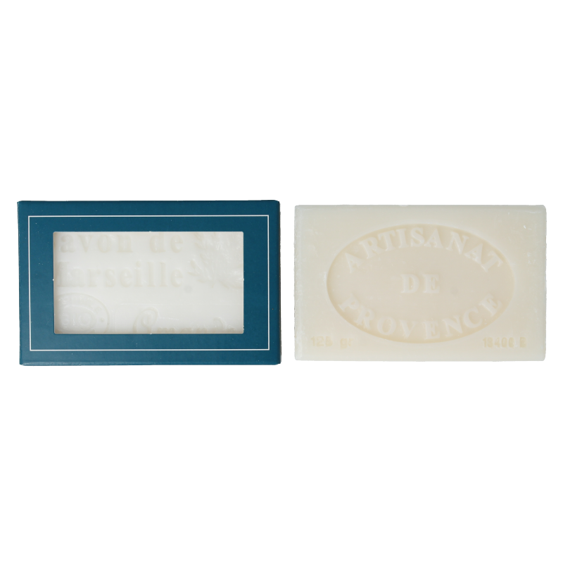 Aroma Vera Marseillezeep amandel bio, 125g natural almond soap with textured surface and rustic packaging.
