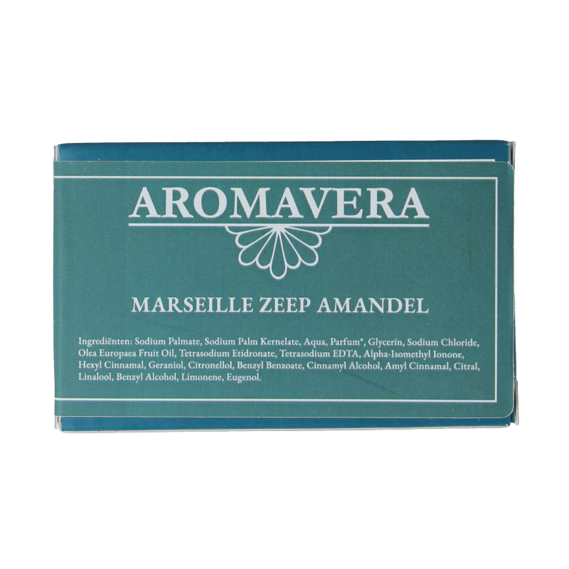 Aroma Vera Marseillezeep amandel bio, 125g natural almond soap with a creamy texture and floral scent, in a white soap bar.