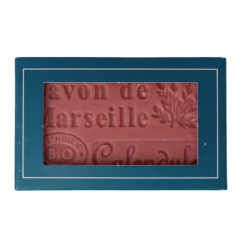 Aroma Vera Marseillezeep calendula bio soap bar with natural yellow calendula flowers, 125 grams, for gentle skin cleansing.
