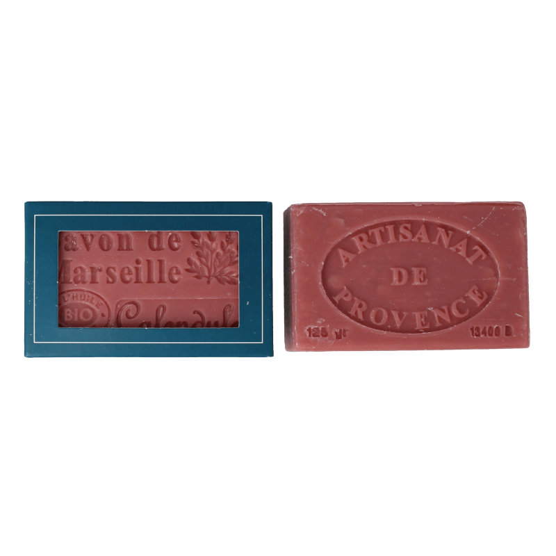 Aroma Vera Marseillezeep calendula bio soap bar, 125 grams, natural and organic skincare product with calendula flowers.