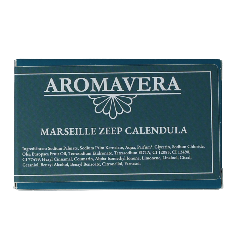 Aroma Vera Marseillezeep calendula bio soap bar with natural ingredients, 125 grams, showcasing the soap's packaging and calendula details.