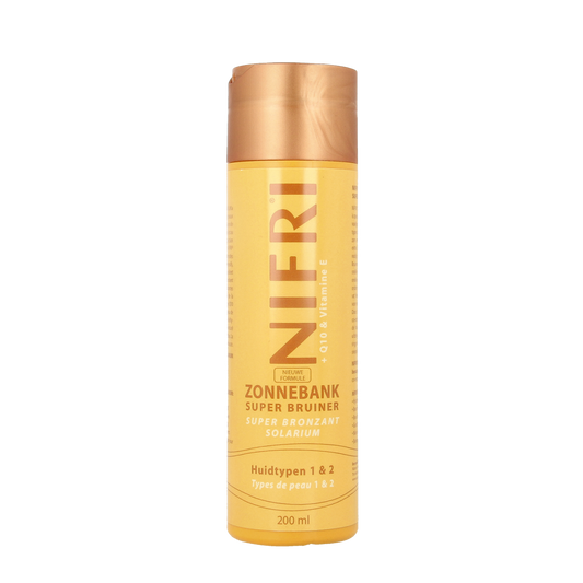 Nifri Zonnebank superbruiner 1 & 2 tanning lotion bottle, 200ml, for skin tanning and bronzing, with a black and orange label