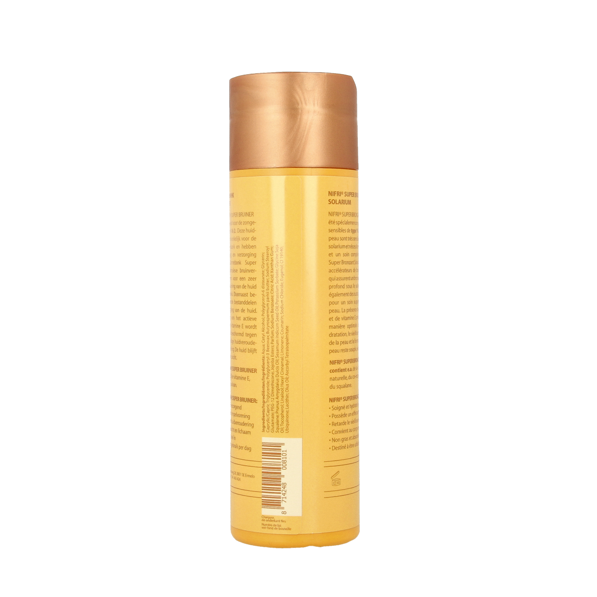 Nifri Zonnebank Superbruiner 1 & 2 sun tanning lotion bottle, 200ml, with a sleek label and orange accents.