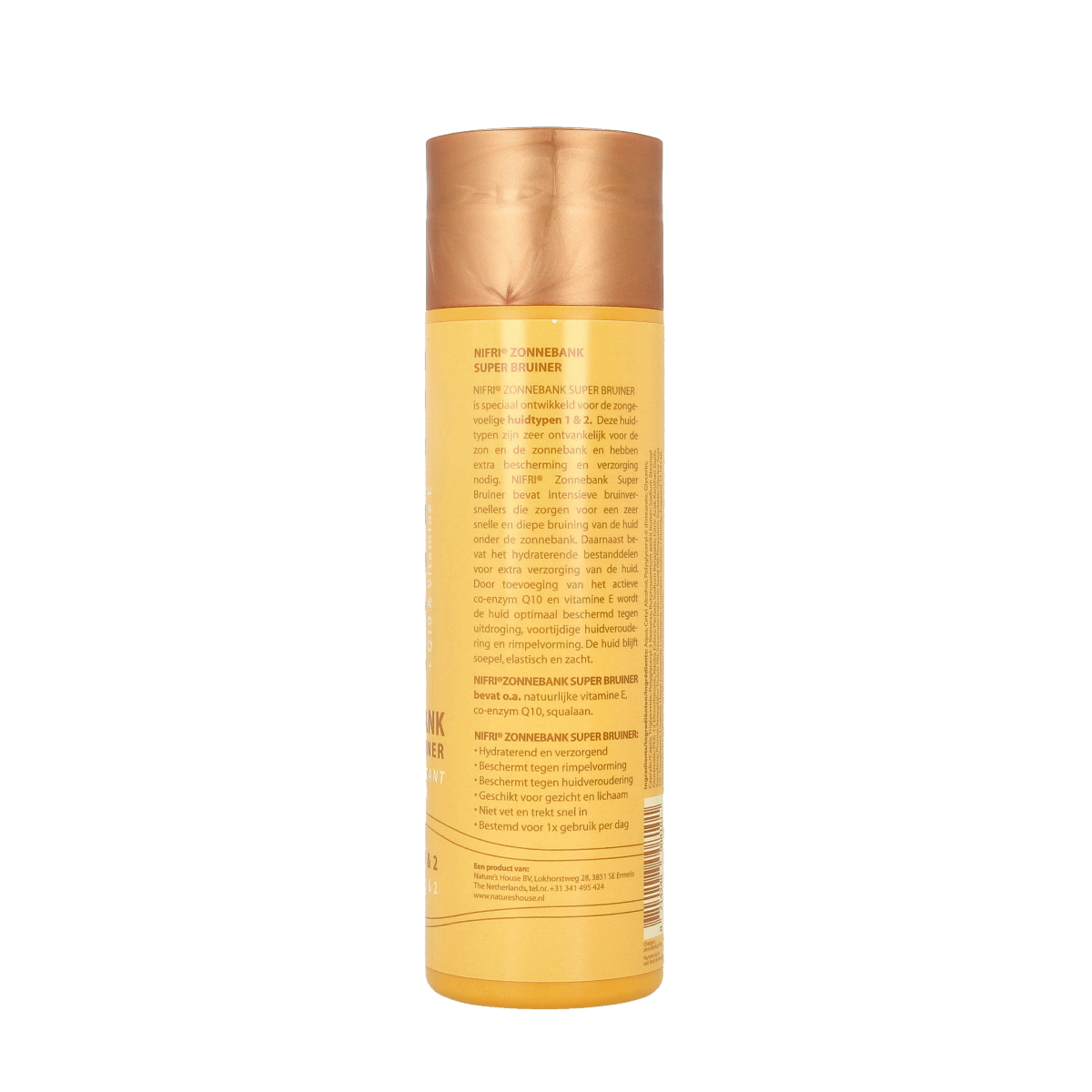 Nifri Zonnebank superbruiner 1 & 2 tanning lotion bottle, 200ml, for sun tanning and skin bronzing.