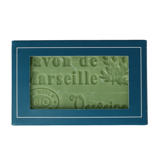 Aroma Vera Marseillezeep verveine bio natural soap bar, 125g, with fresh green verveine leaves and herbal scent in a recyclable wrapper.