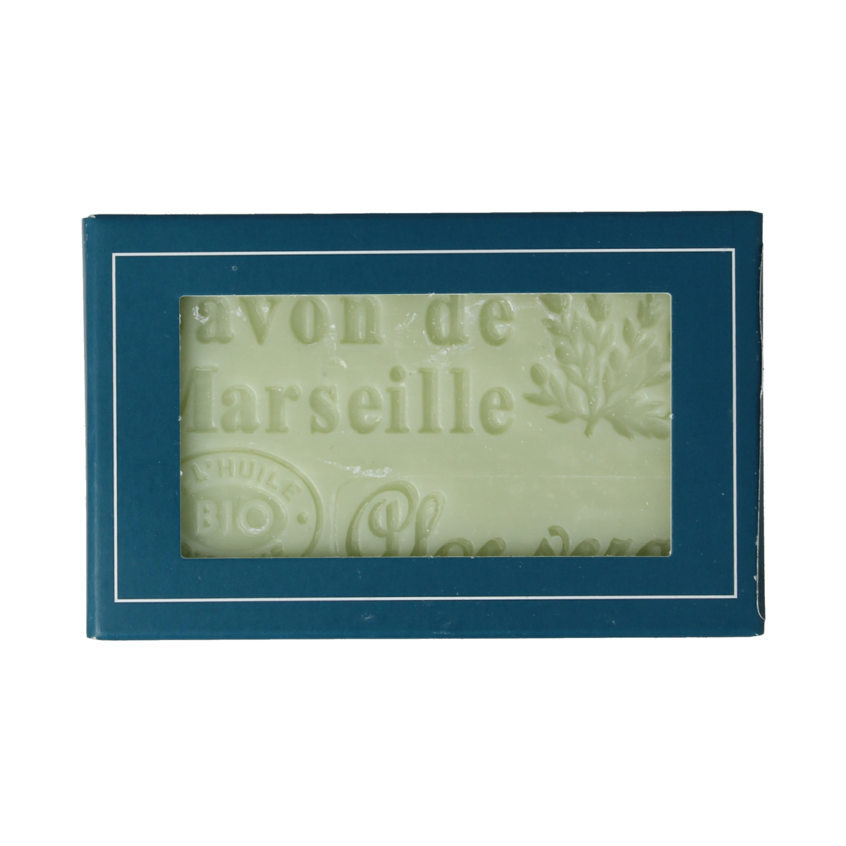 Aroma Vera Marseillezeep aloe vera bio soap bar, 125g, with natural aloe vera ingredients and traditional French soap design.