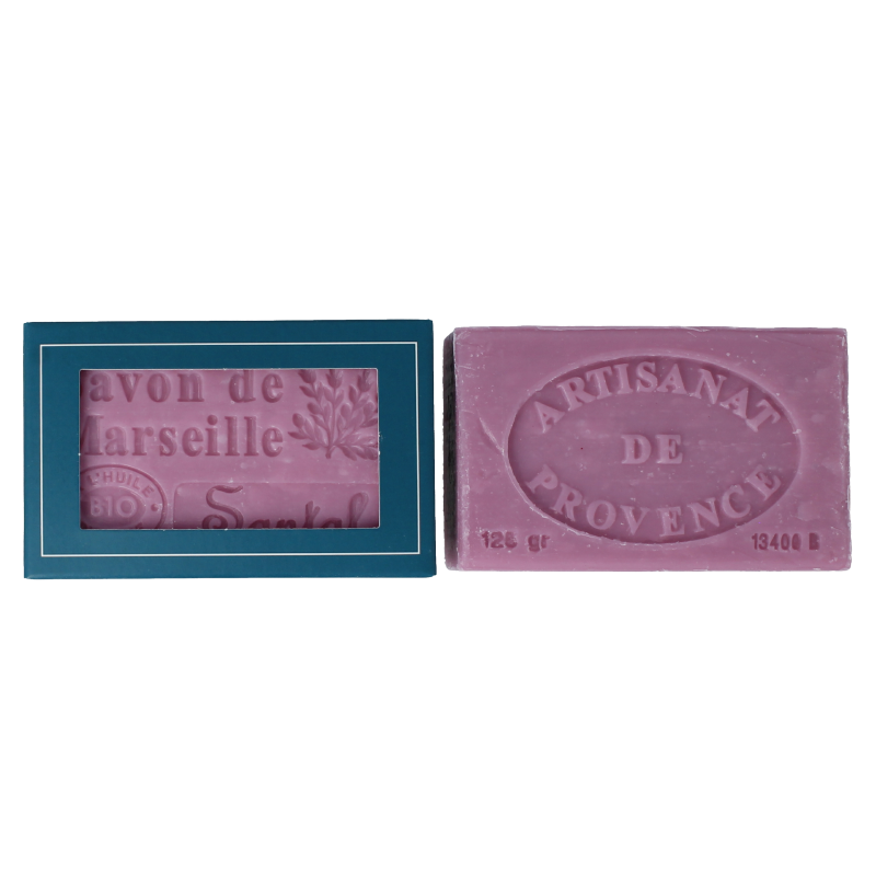 Aroma Vera Marseillezeep with sandalwood scent in 125g biodegradable packaging, featuring a natural soap bar with earthy tones.