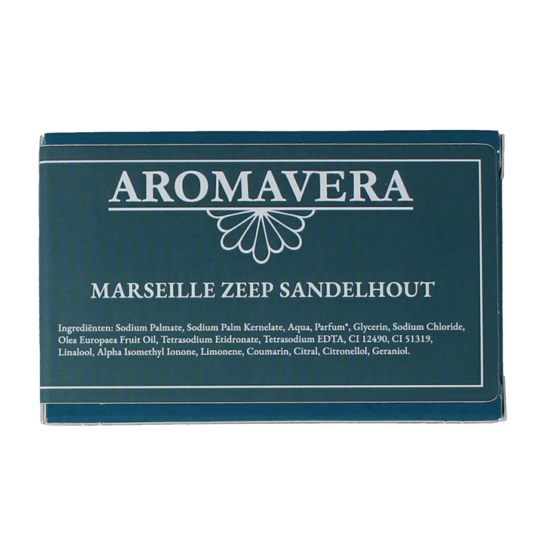 Aroma Vera Marseillezeep bio with sandalwood scent, 125g soap bar featuring natural ingredients and aromatic texture.