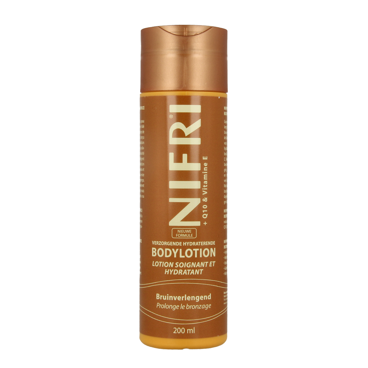 Nifri Bodylotion Q10 with vitamin E in 200ml bottle, moisturizing body care product for smooth skin.