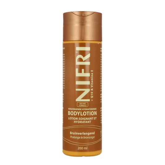 Nifri Bodylotion Q10 with vitamin E in 200ml bottle, moisturizing body care product for smooth skin.