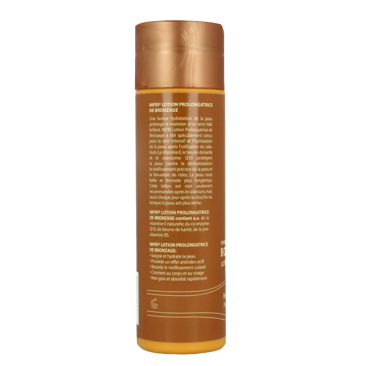 Nifri Bodylotion Q10 with vitamin E in a 200ml bottle, moisturizing body care product for smooth, healthy skin.