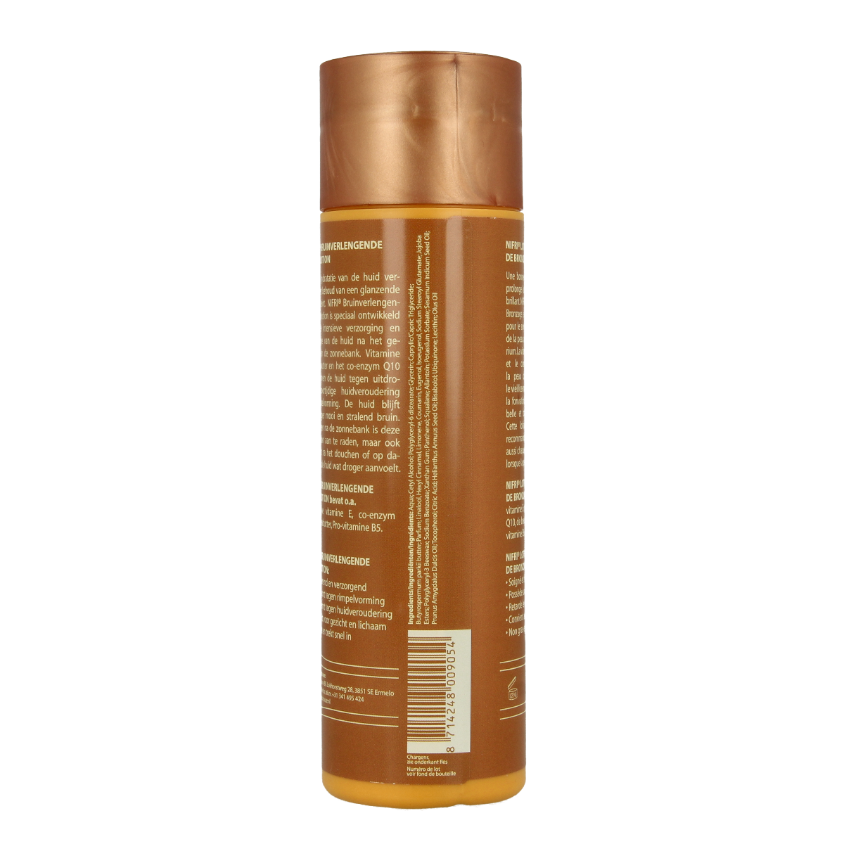 Nifri Bodylotion Q10 with vitamin E in 200ml bottle, moisturizing body care product with smooth, creamy texture.