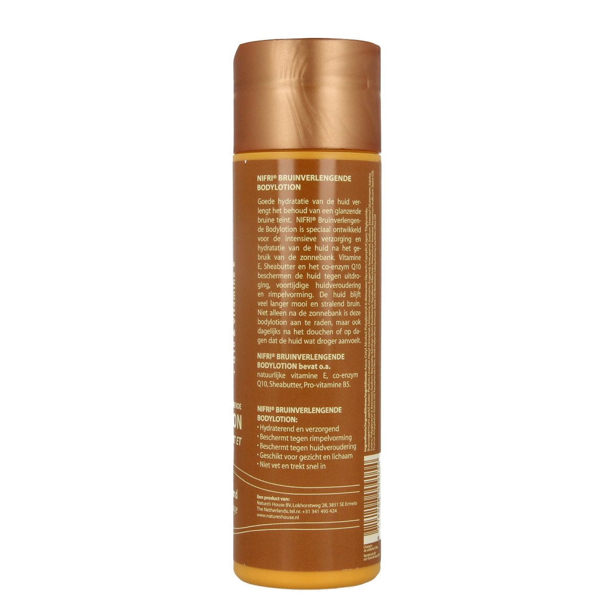 Nifri Bodylotion Q10 vitamine E in 200ml bottle, nourishing body moisturizer with vitamin E and Q10 for smooth skin