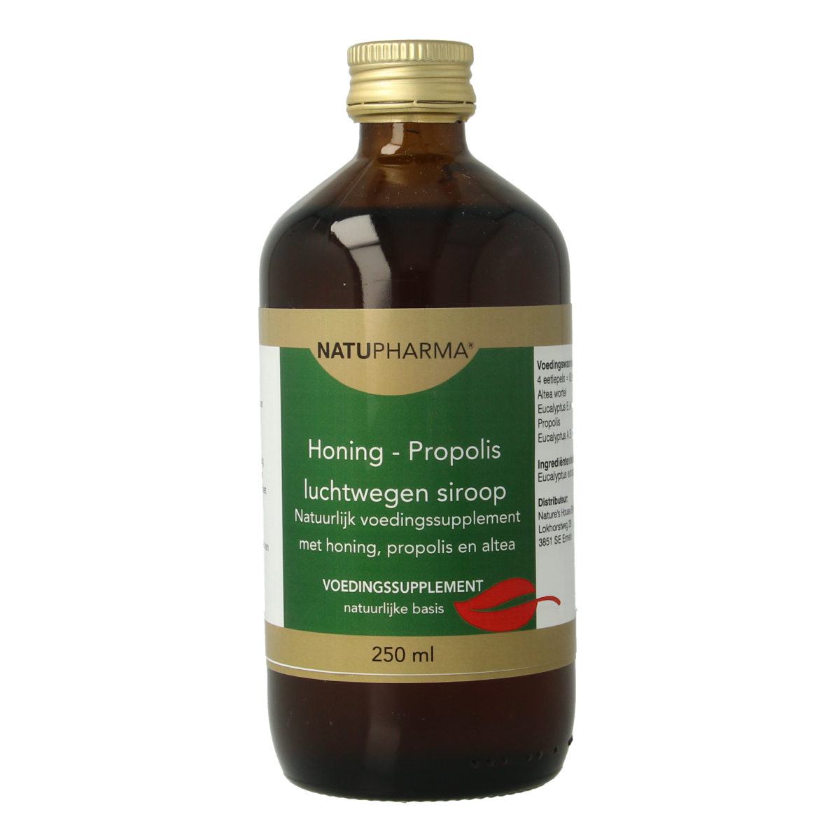 Natupharma Honing luchtwegensiroop in 250ml bottle, herbal remedy for respiratory relief, with honey and natural herbs.