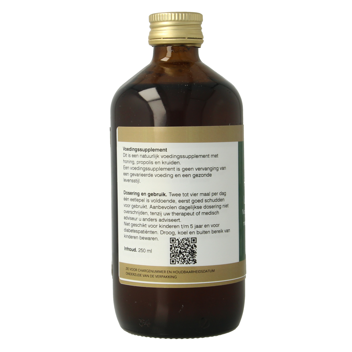 Natupharma Honing luchtwegensiroop in 250 ml bottle, herbal remedy for respiratory relief, with honey and natural ingredients.