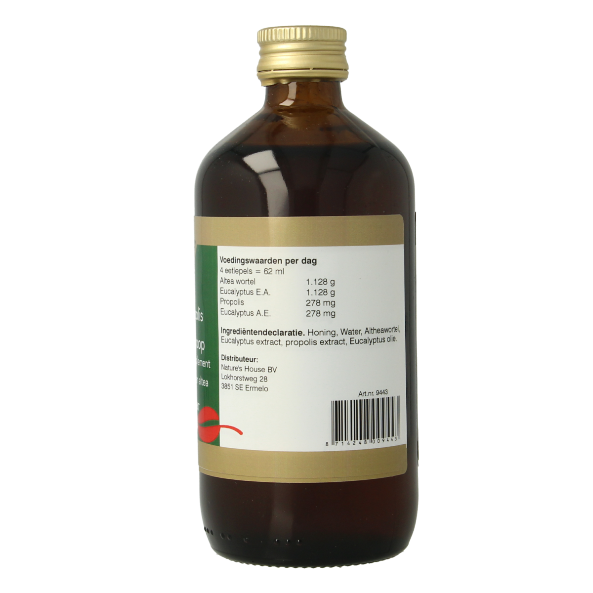 Natupharma Honing luchtwegensiroop in 250ml bottle, herbal remedy for soothing cough and respiratory discomfort.