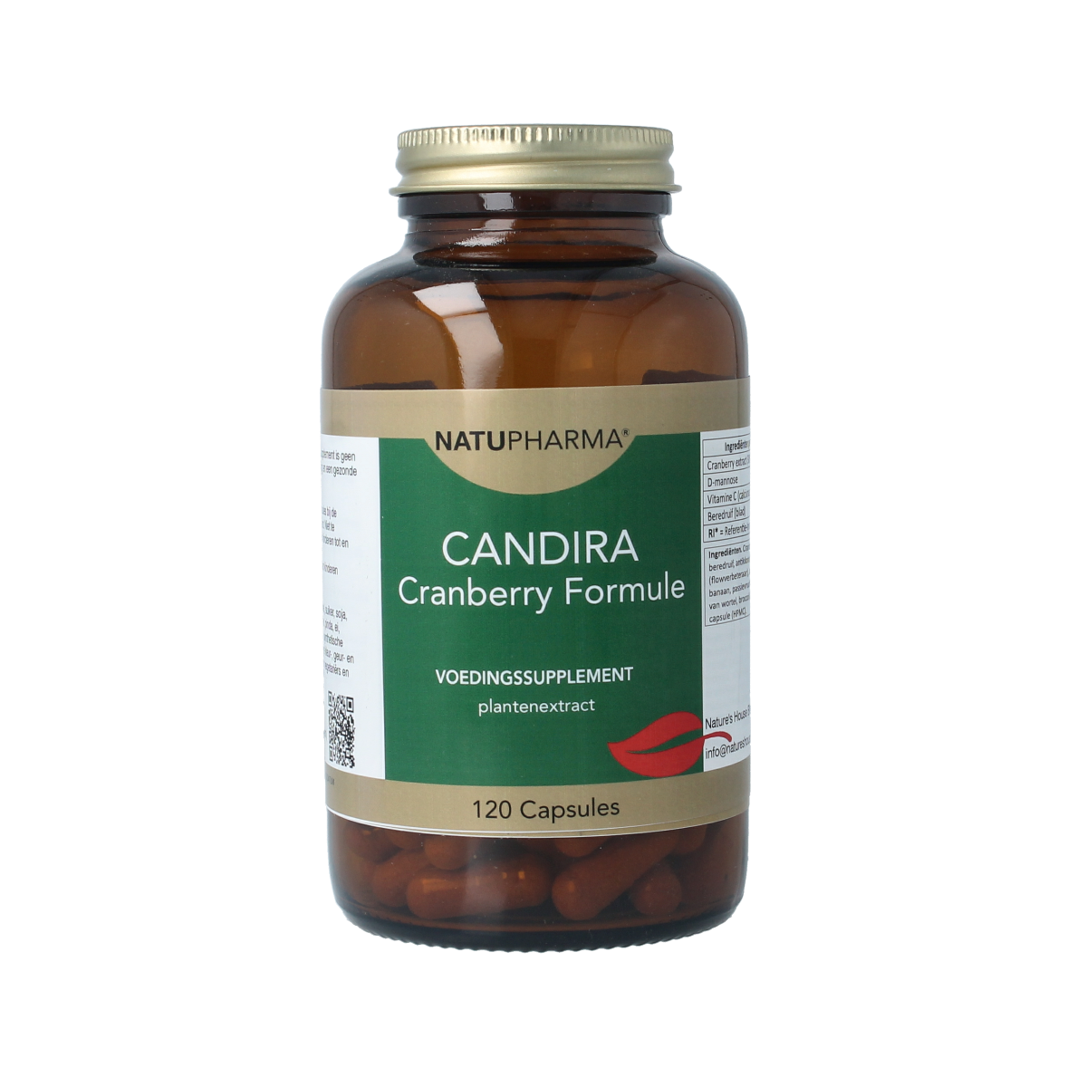 Natupharma Candira cranberry capsules bottle with label, 120 capsules, herbal supplement for urinary health.